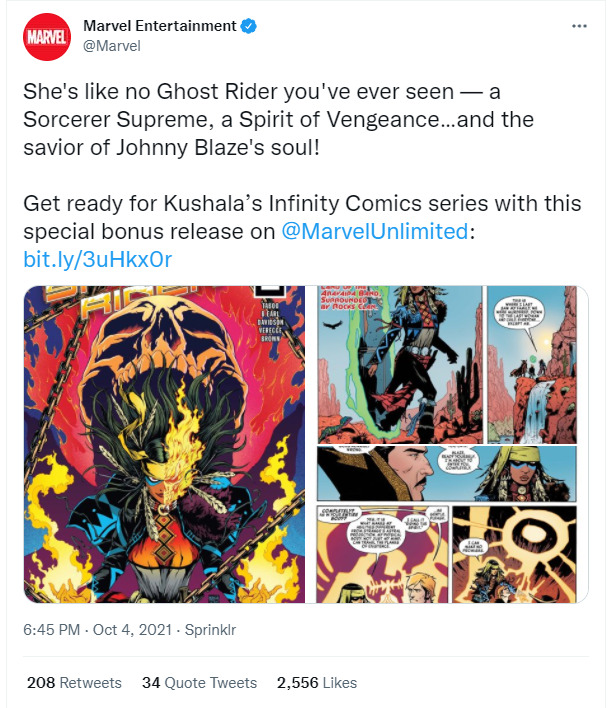 pauloap's tweet photo. Agora a Marvel transformou o Motoqueiro Fantasma em mulher

Ela se chama Kushala, é indígena e representa as minorias... foi revelada como a verdadeira detentora do posto e muito mais poderosa que o Johnny Blaze (o herói original)

Vai dar muito certo 👍

https://t.co/tYB5PQdDTF https://t.co/QASP8NiEXW