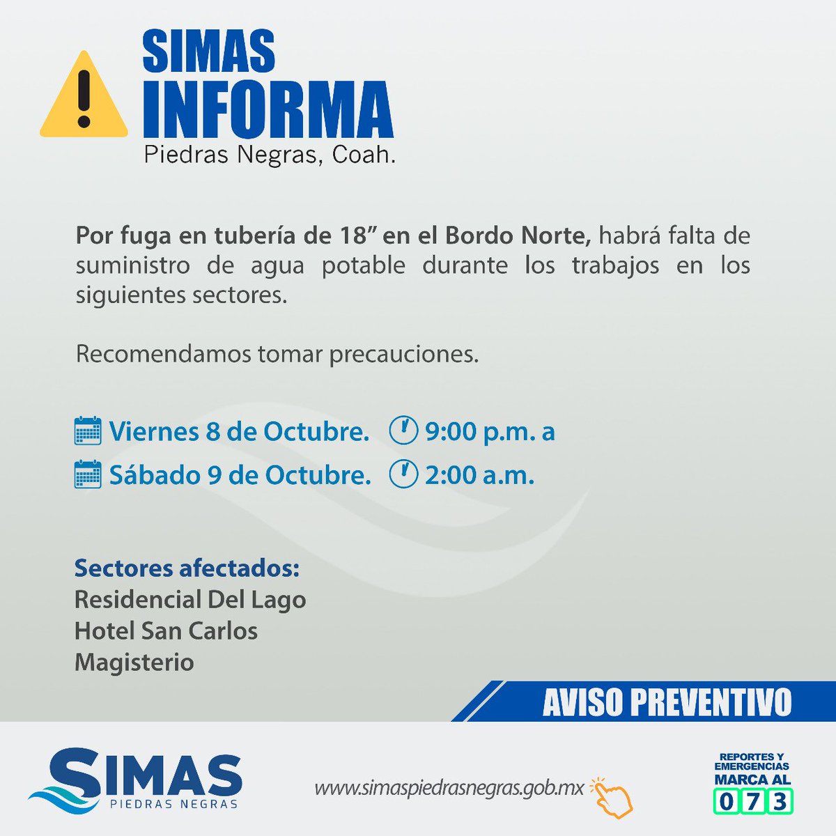 simaspn's tweet photo. ATENCIÓN!
#SIMASinforma #avisopreventivo
Por fuga de agua en una tubería de 18” en el Bordo Norte, se presentará falta de suministro durante las reparaciones. 🚧🚧
Agradecemos su comprensión https://t.co/eX0DkUfWGk