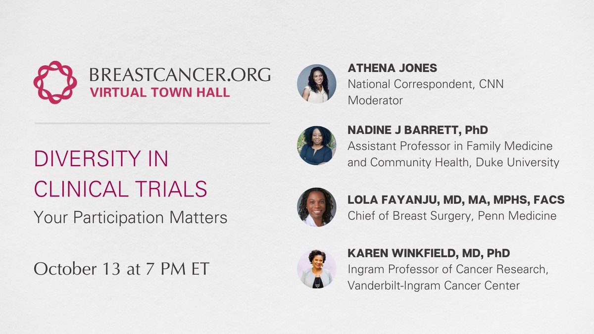 Join us for a conversation about overcoming barriers to clinical trial participation. What needs to happen to improve access for all? Our panel will answer your clinical trial questions and all registrants will receive a video recording. Register today: breastcancer-org.zoom.us/webinar/regist….