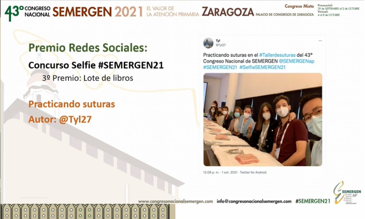 SEMERGENap's tweet photo. Premios Redes Sociales. #SEMERGEN21 

📷Concurso Selfie. 
3º Premio. @Tyl27 
2º Premio. @dr_santianespat 
1º Premio. @dramavellana 

Felicidades a tod@s y gracias por vuestras imágenes que transmitían las vivencias en el congreso y los reencuentros. https://t.co/BBq5Z1zacZ