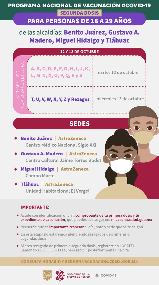 GobCDMX's tweet photo. 👁‍🗨Atención personas de 18 a 29 años 👩🏻🧑🏻 de las alcaldías:

📍 Benito Juárez
📍Gustavo A. Madero
📍Miguel Hidalgo
📍Tláhuac
La vacunación de ✌️ 2da. dosis del biológico AstraZeneca será el ➊➋ y ➊➌ de octubre.

Lleva: 👉📄 comprobante de 1ra. dosis y expediente prellenado. https://t.co/UfrTbWWRbY