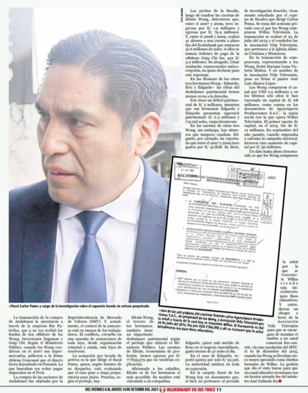 ensustrece's tweet photo. En @ensustrece: ¿DESBALANCE MILLONARIO? Peritos contables de la Fiscalía habrían encontrado que las cuentas de Erasmo Wong, el patrón de @willaxtv, sencillamente no cuadran: hay un desbalance patrimonial de S/ 35 millones. https://t.co/ZIagHJCu6T