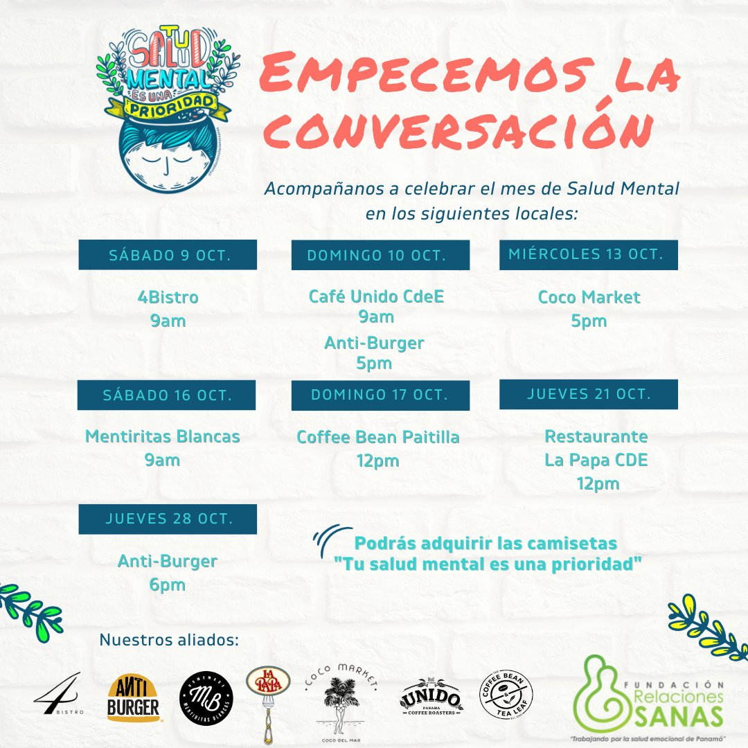 Este Domingo se celebra el Día Mundial de la Salud Mental, así que estaremos en varios cafés y restaurantes con actividades y dinámicas como "¿Cuánto sabes de salud mental?" y compartiendo un rato ameno. 

Tendremos disponibles las camisetas "Tu salud mental es una prioridad"