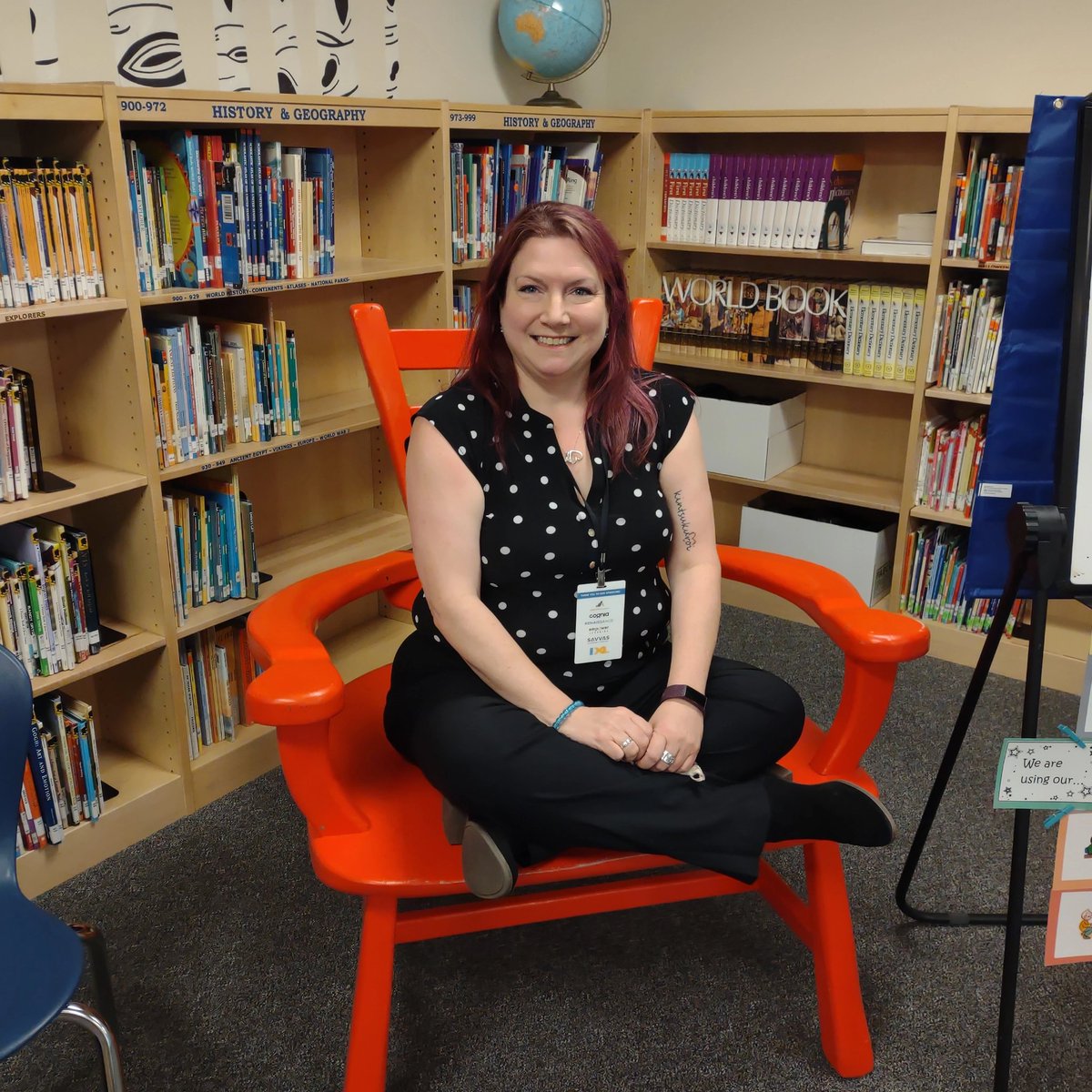 DrBridgeQIP's tweet photo. I've been blown away by the Westminster Public Schools' summit on #competencybased #education this week. Excellent speakers, interesting sessions, and a visit to see things in action at an elementary school (where I got to play Edith Ann in the library!) #wpssummit https://t.co/cyRDHicA9Z
