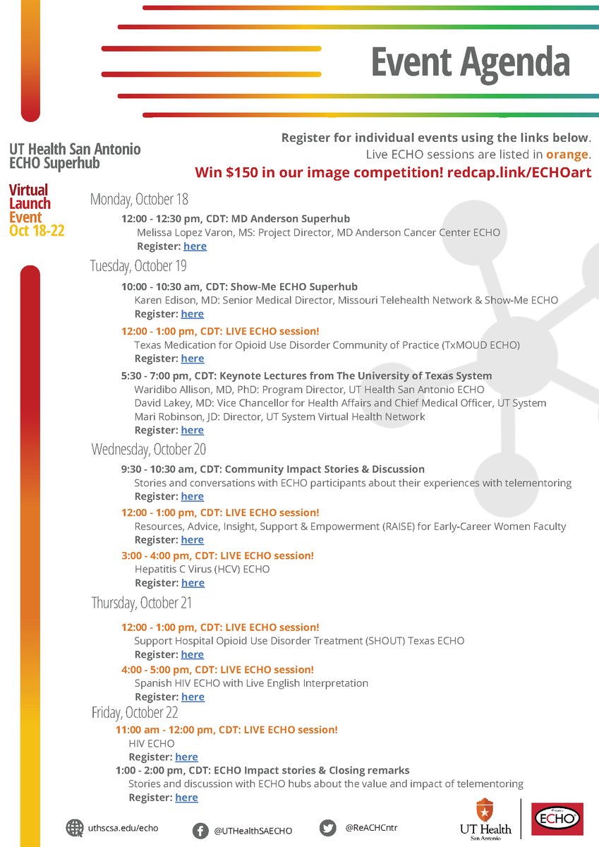 ReACHCntr's tweet photo. We've got a GREAT lineup of speakers for the @UTHealthSA @ProjectECHO #SuperhubLaunch! Check out the agenda and register at: https://t.co/v7UPnEkXvG
#ProjectECHO #AllTeachAllLearn #telementoring #MoveKnowledgeNotPeople https://t.co/9RnLffsFq4