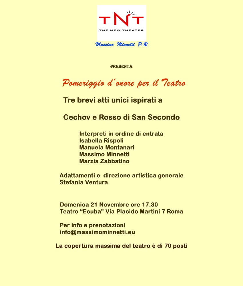 A #Roma #Domenica #21Novembre h 17.30 #Teatro #Cultura #Cechov #Rossodisansecondo #Evento #Eventi Per prenotazioni e info guardare locandina in basso .Grazie a chi ha voglia di divulgarci.È un gran regalo.E per chi non lo fa credo sia normale. Anche io non divulgo chiunque 😊