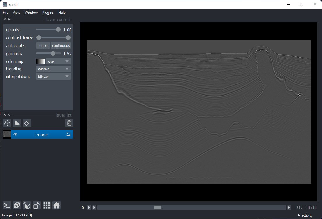 MustafaGeo's tweet photo. Weekend experiment: interactive visualization of seismic data using open source tools and packages. It took less than 1 hour to code starting with a segy file. Follow @napari_imaging for their great efforts and extensible viewer. #seismic #geoscience #geophysics #opensource https://t.co/4MWY5n4kxm