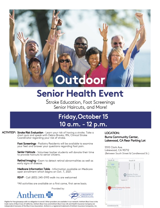 Attend the Outdoor Senior Health Event on Friday, October 15 from 10am to 12pm at the Burns Community Center to find out your stroke risk and receive foot screenings, retinal imaging, and more! To RSVP, call (833) 245-0193. Walks-ins are welcomed.
