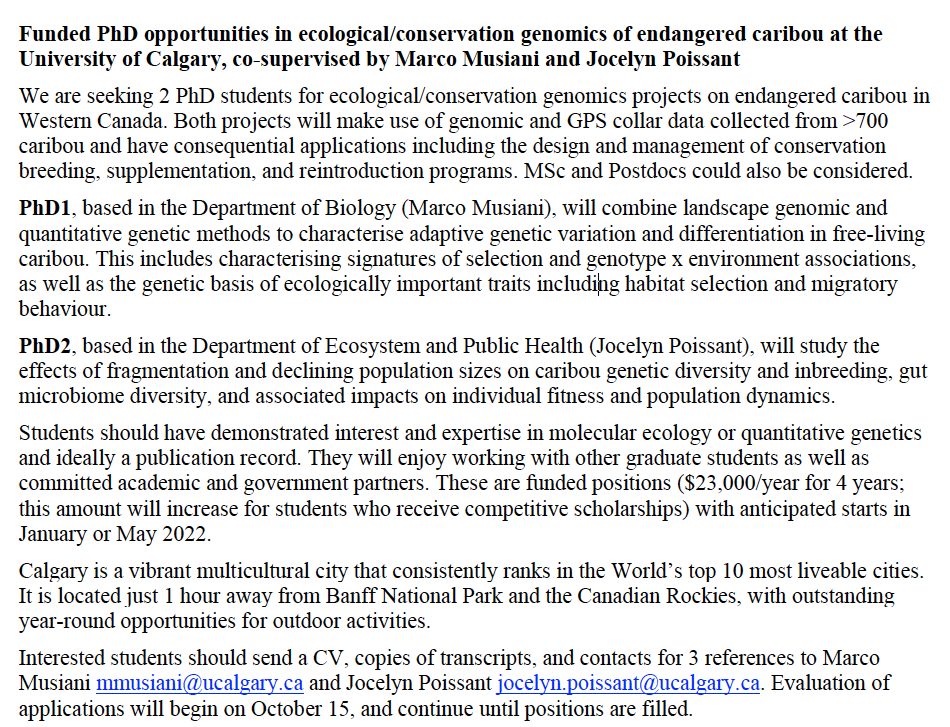 jocelynpoissant's tweet photo. We are recruiting 2 PhD students for conservation genomic projects on endangered caribou in British Columbia (MSc and postdocs could also be considered). These are fully funded by an NSERC Alliance Grant and open to international students.  Review of applicants will start Oct 15. https://t.co/Hmg8VtWTO6