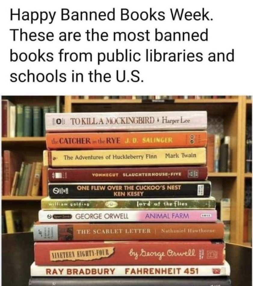 RealJamesWoods's tweet image. Ironically these are among the greatest books in modern literature. Most of them have one thing in common: they warn about the dangers of tyranny or censorship.