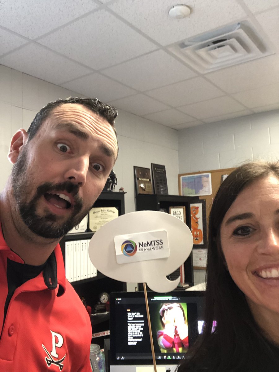 jhodson16's tweet photo. Lots of firsts this week.  I was a 4th grade &amp; preschool teacher for a while &amp; Mr. Schmidt &amp; I attended NeMTSS conference from the convenience of our offices.  Not sure if Schmidt’s face or the computer screen are better! #still❤️teaching #MTSS @PHSPiratePride @kschmidt_kyle https://t.co/kqbVUoPih2