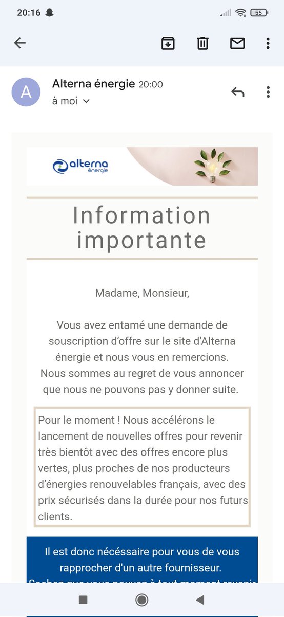 EvrardJessica's tweet photo. Après avoir tenté une cinquantaine d'appels et avoir souscrit lundi sur Internet chez @AlternaEnergie , voilà le retour de ce vendredi !! ABUSÉ !! https://t.co/kXuwqnjbsB
