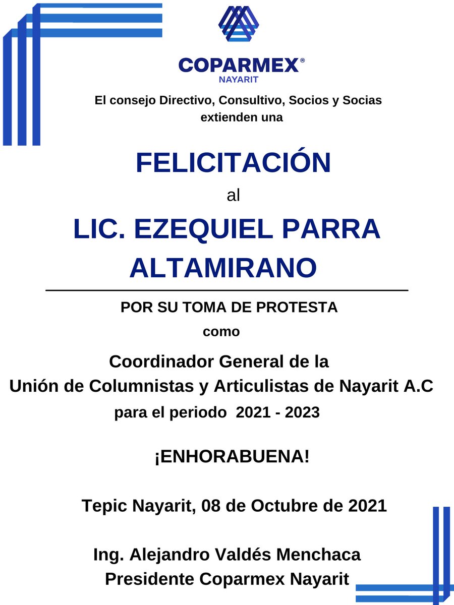 Extendemos nuestras Felicitaciones al Lic. Ezequiel Parra Altamirano por su Toma de Protesta como Coordinador General de la Unión de Columnistas y Articulistas de Nayarit A.C 🖊️