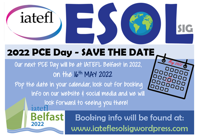iateflesolsig's tweet photo. SAVE THE DATE to JOIN US for our PCE Day on 16th May 2022 in Belfast. More information on our line up of speakers and how to book will follow soon: https://t.co/HuDGt7bdLE
#esol #loveesol #esolsig #pce #conf https://t.co/oF3pdt0UKh