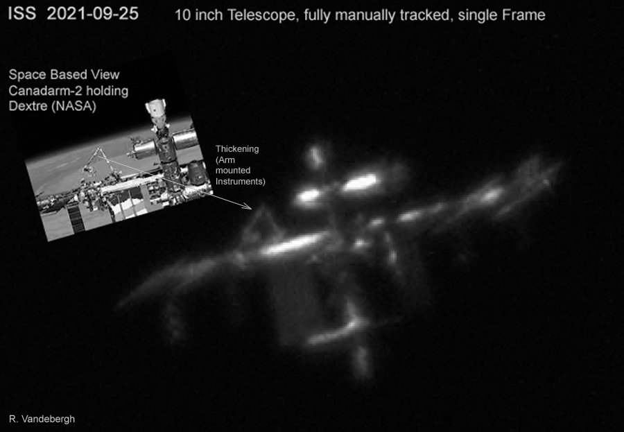 ralfvandebergh's tweet image. Comparison #ISS Canadarm2 holding robot #Dextre seen from the ground and from space. 10 inch telescope, manually tracked, single frame. Note marked visible thickening in arm which is combined spot consisting of small arm-mounted instruments.