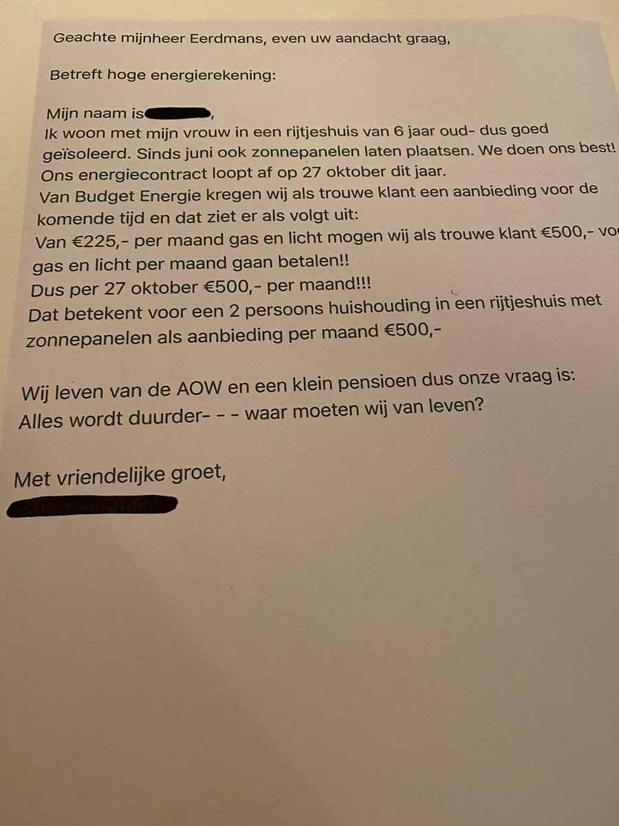 Deze radeloze familie mailde mij vandaag met hun noodkreet. BudgetEnergie deed hen een ‘aanbod’ voor een maandbedrag van €500. Een stijging van 100%. Per 27 oktober! Deze crisis gaat heel veel Nederlanders pijn doen. Heb spoeddebat aangevraagd #JA21 #onleefbaar #energiearmoede