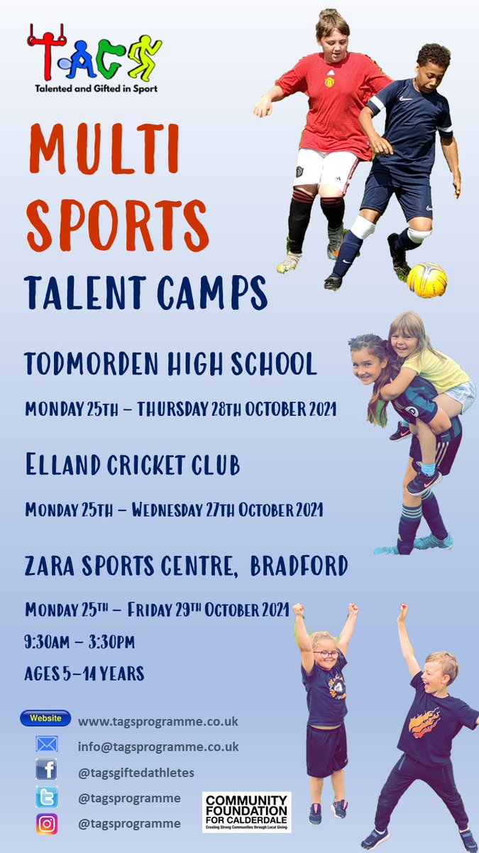 tagsprogramme's tweet photo. October #Sports Camps
Mon 25th-Thurs 28th
@TodmordenHigh
Mon 25th-Wed 27th
@EllandCC 
Mon 25th-Fri 29th
@zarasports
Pro club scouts, high quality coaching, FREE places for eligible children
#Calderdale #Bradford #foundationfunded #healthyholidays https://t.co/jypZnlIxHJ