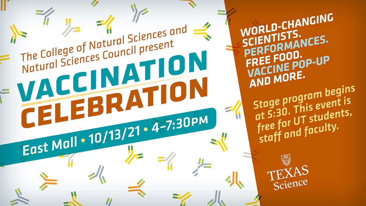TexasScience's tweet image. Join us for a Vaccination Celebration during #NSWeek!
10/13 • 4-7:30pm • East Mall

⭐️ Honoring @UTAustin’s Jason McLellan &amp;amp; special guest Barney Graham — 2 scientists behind the COVID-19 vaccines
💥🎵 with performances by @K8theChemist &amp;amp; @NaneTheBand

txsci.net/vaccinationcel…