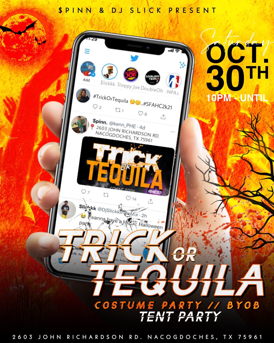 kenn_PHE's tweet photo. #TrickOrTequila 😎 we’re going up October 30th Halloween/Tent party!! #Sfahc2k21 

Got 2 of the hottest Dj’s in Texas mixing!! @DJDoubleOhTevin &amp; @DjSloppyJoe 

BRING YOUR OWN EVERYTHING!! We’re about to party!! Anybody and everybody pull up 🔥@DjSlickkInDaMix @tra3green  🎥😎💪🏾 https://t.co/nzpTJw9qpQ