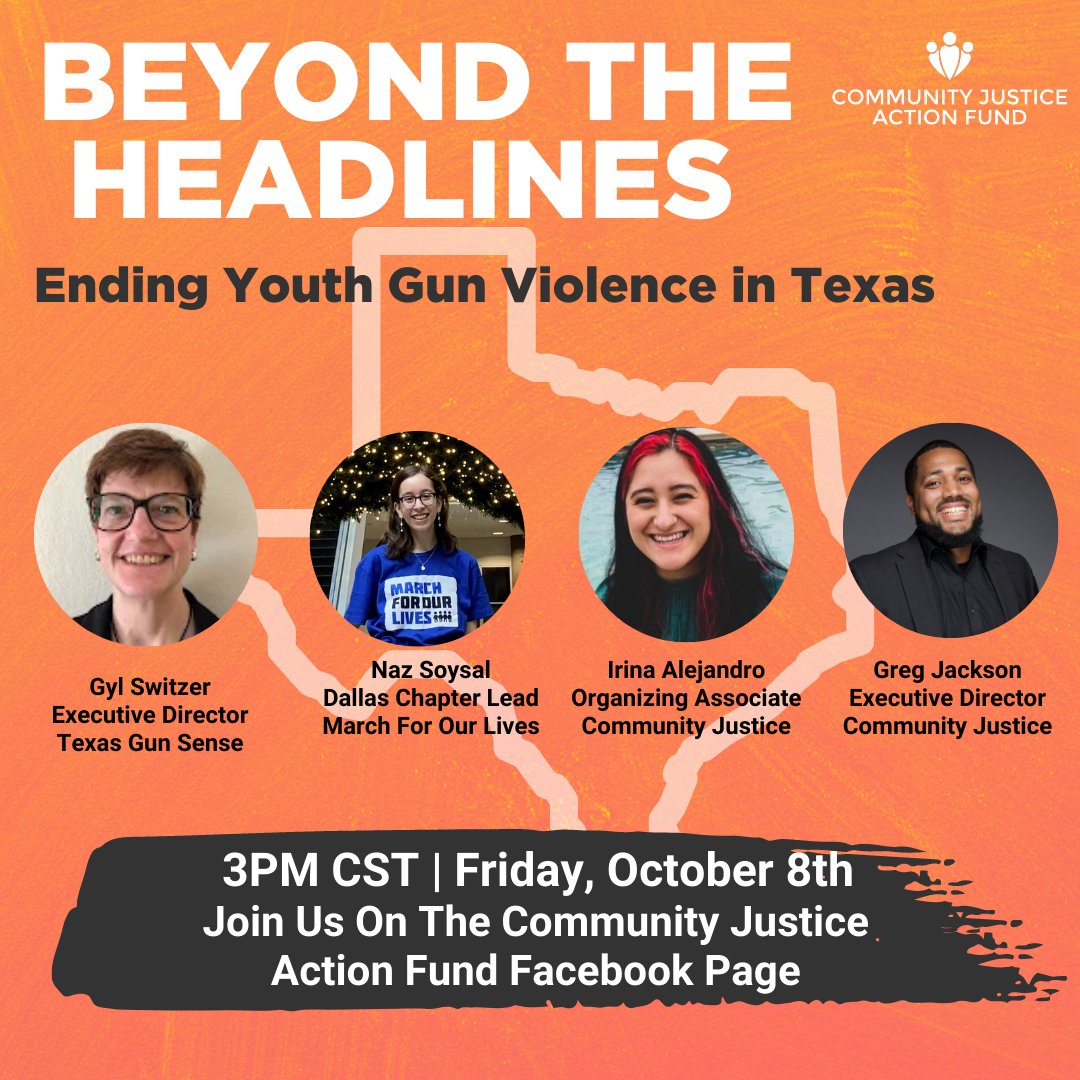 TODAY! Join us at 3pm CT for a conversation about gun violence in Texas. Now, more than ever, we need action, especially after another school shooting just this week in Arlington, Texas. #EndGunViolence <a href="/txgunsense/">Texas Gun Sense</a> <a href="/mfoltx/">March For Our Lives Texas 📢</a> 

Tune in here: facebook.com/communityjusti…
