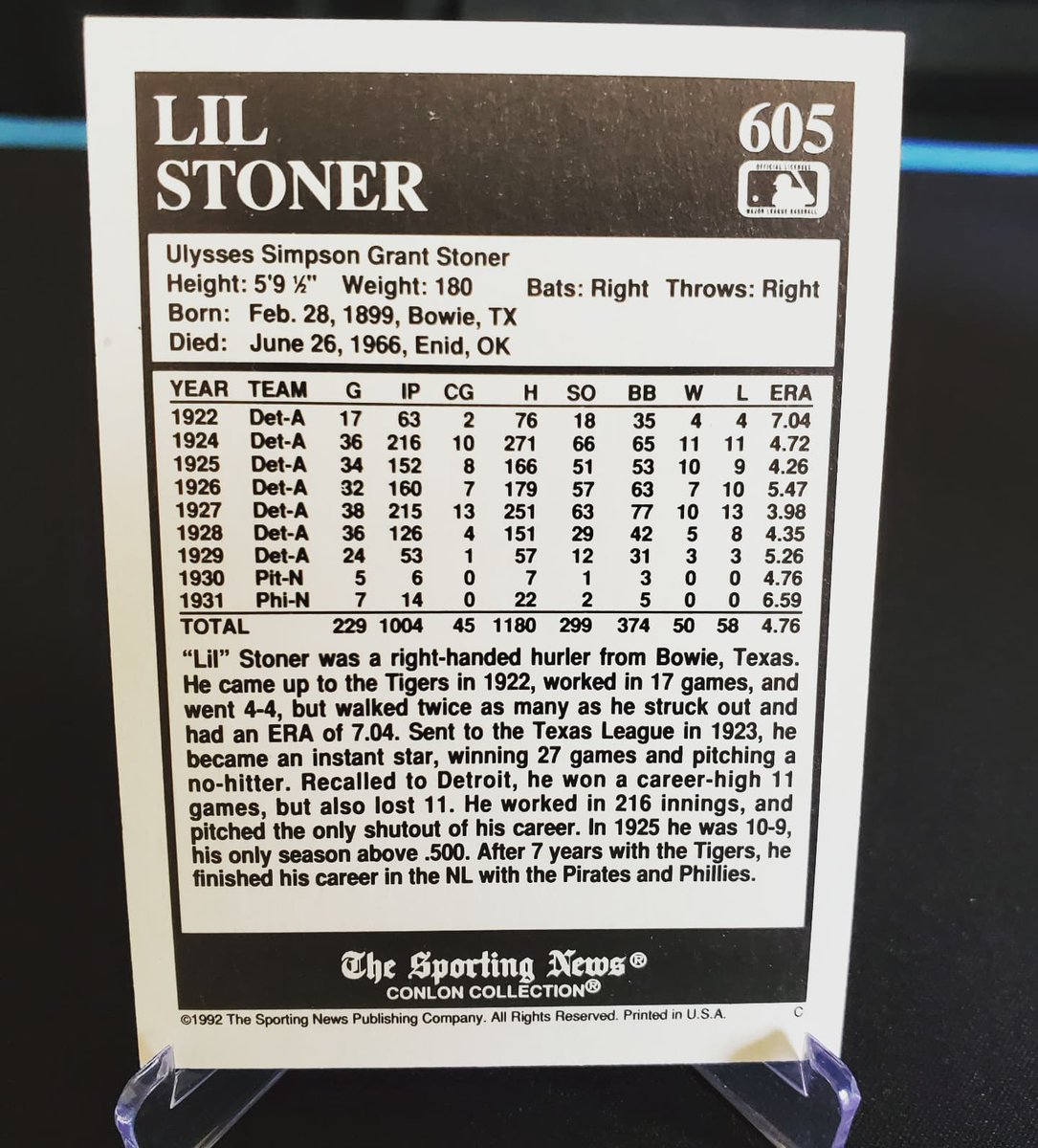 PrimetimeHFS's tweet photo. It's Fun Card Friday at BBP Collects!
Today's card is a 1992 The Sporting News throwback. Lil Stoner played 9 seasons back in the 1920s. We have not confirmed how many games he pitched while stoned. Our guess is about 50% based on his stats.
#fcf #bbpcollects #funcardfriday https://t.co/X56YPTpe3N