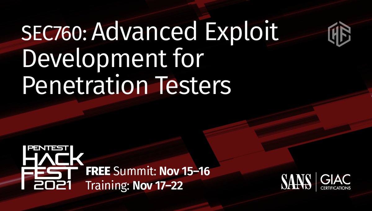 SANSOffensive's tweet photo. Add new skills to your security arsenal by attending the most offensive training event of the year! Take #SEC760 Live Online or In-Person with @Steph3nSims 

Learn more:
HackFest Live Online: https://t.co/TeVLk7o8aB
HackFest Bethesda, MD: https://t.co/ZpYZ2XYYQY
#SANSHackFest https://t.co/YelKcug0WV