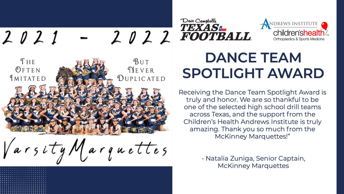 Congratulations to the McKinney Marquettes for being awarded the 2021 Week 7 Dance Team Spotlight Award presented by <a href="/childrens/">Children's Health</a>! Thank you for all you do to make the Texas high school football season so special!

@McKinneyHS_FB | <a href="/MHSLions/">McKinney High School</a> | <a href="/MMarquettes/">Mckinney Marquettes</a>