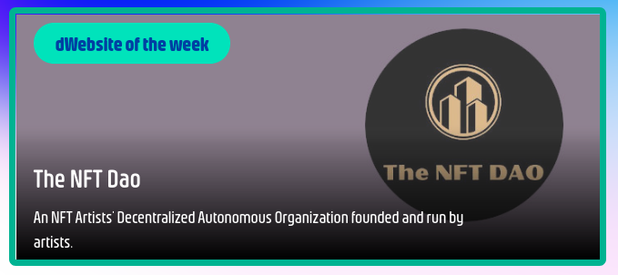 e_steroids's tweet photo. Congratulations to @TheNFTDAO to make history and win the #dWebsite of the week #6 award!

The prize is heading in your direction! https://t.co/0yAgICA0ej