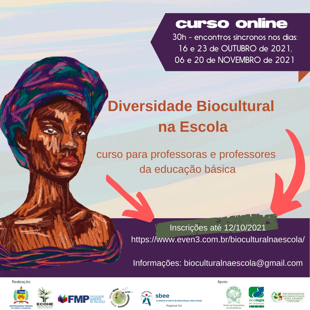 ecohe_e's tweet photo. Últimos dias para inscrição no Curso de formação continuada “Diversidade Biocultural na Escola”
Online e gratuito, 30h de duração e encontros síncronos entre 16/10 e 20/11/2021. Inscrições até o dia 12/10/2021! https://t.co/mdwu4BrkuV https://t.co/aAXfzozmL6