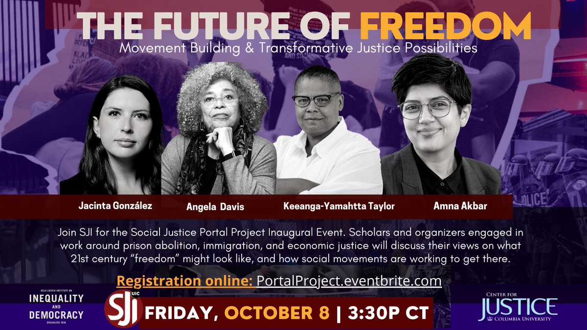 Today at 3:30p CT, I'll be announcing the release of a new #SjiPortalProject digital hub during the Future of Freedom event featuring Angela Davis, <a href="/KeeangaYamahtta/">Keeanga-Yamahtta Taylor</a>, <a href="/orangebegum/">Amna A. Akbar</a> and Jacinta González. 

If you're free, join me online: ow.ly/hbiJ50GmxgA