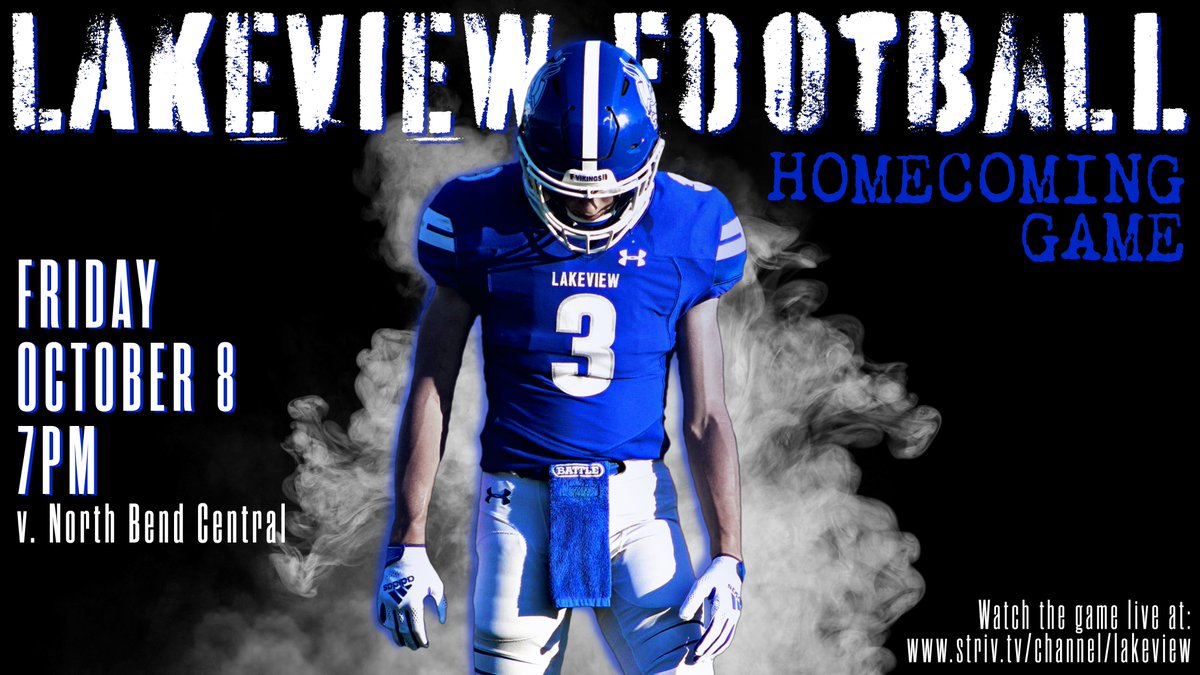 LET'S GET LOUD LAKEVIEW FOOTBALL FANS!👊🏈 Tonight's Homecoming game against the <a href="/NBCTigers/">NorthBendCentral</a> at 7pm is one you won't want to miss. Watch the game live on Lakeview's <a href="/StrivTV/">Striv TV</a> webpage.
#lakeviewvikes
striv.tv/channel/lakevi…