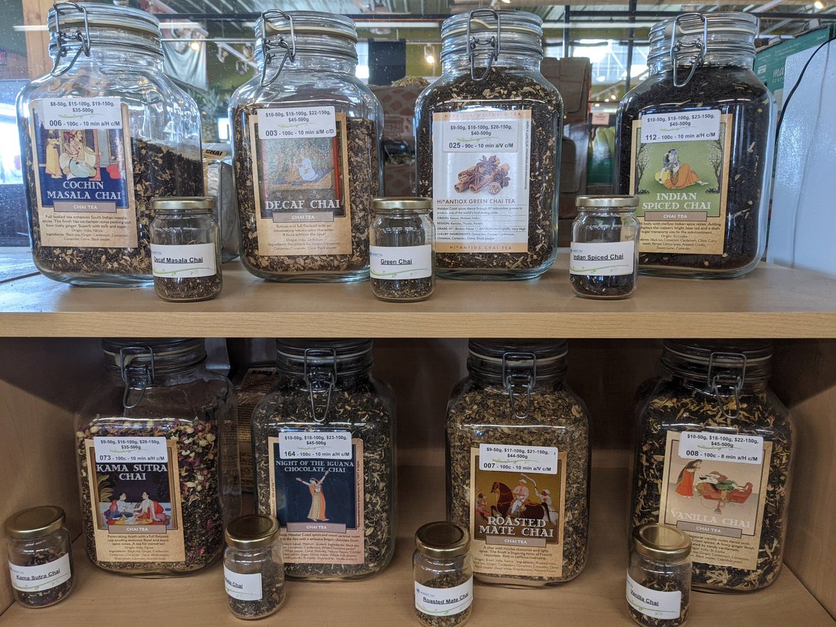 Rooibos, Black tea, Decaf, Green tea, Matcha. 10 quality Chai to choose from at <a href="/CrossroadsMrkt/">Crossroads Market</a> Fri Sat Sun 9-5 see you there.