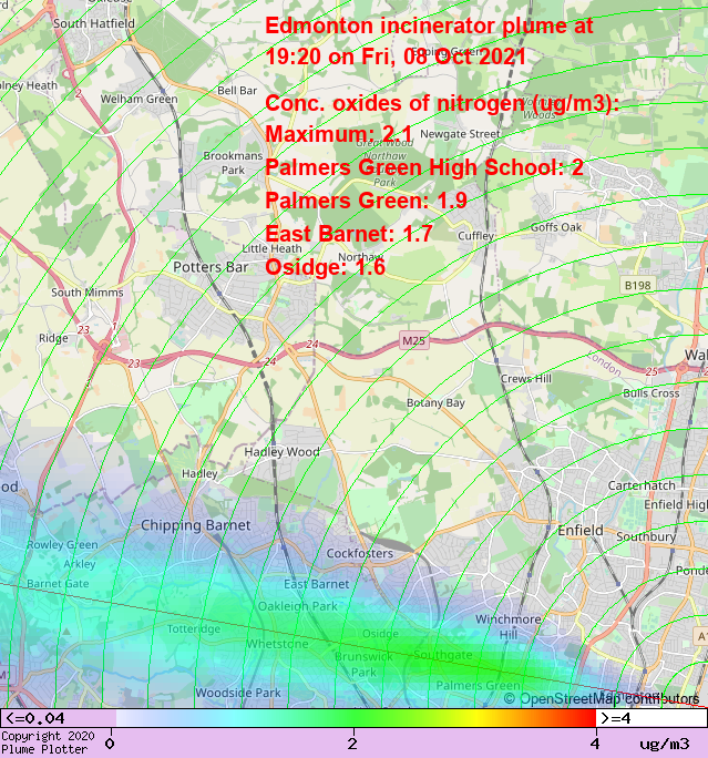 plumeplotter's tweet photo. Latest Edmonton incinerator plume plot, 19:20 08/10/21 #PalmersGreen #EastBarnet #Osidge https://t.co/ue2w4O0AUu https://t.co/9cBDspIkzD