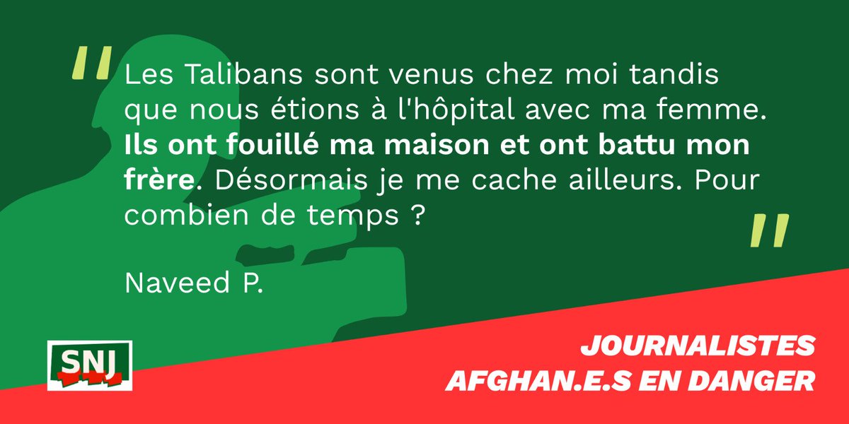 SNJ_national's tweet photo. #Jour26 
Abdul, Nilofar, Fatima, Naveed... @SNJ_national accompagne des centaines de femmes et hommes, journalistes afghans en danger dans leur pays. Nous réclamons leur évacuation @francediplo @JY_LeDrian @EmmanuelMacron 
#AfghanJournalists 
Nous publions leurs témoignages ⬇️ https://t.co/Mz2IqYbTVr