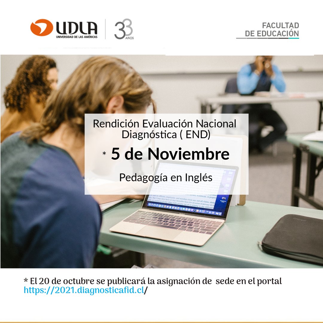 #END2021 Tod@s l@s estudiantes 2021 y egresad@s 2020 de Pedagogía en Inglés rendirán la Evaluación Nacional Diagnóstica el día viernes 5 de noviembre. <a href="/EnUdla/">Pedagogía en Inglés UDLA</a> <a href="/FeduUdla/">Facultad de Educación UDLA</a>