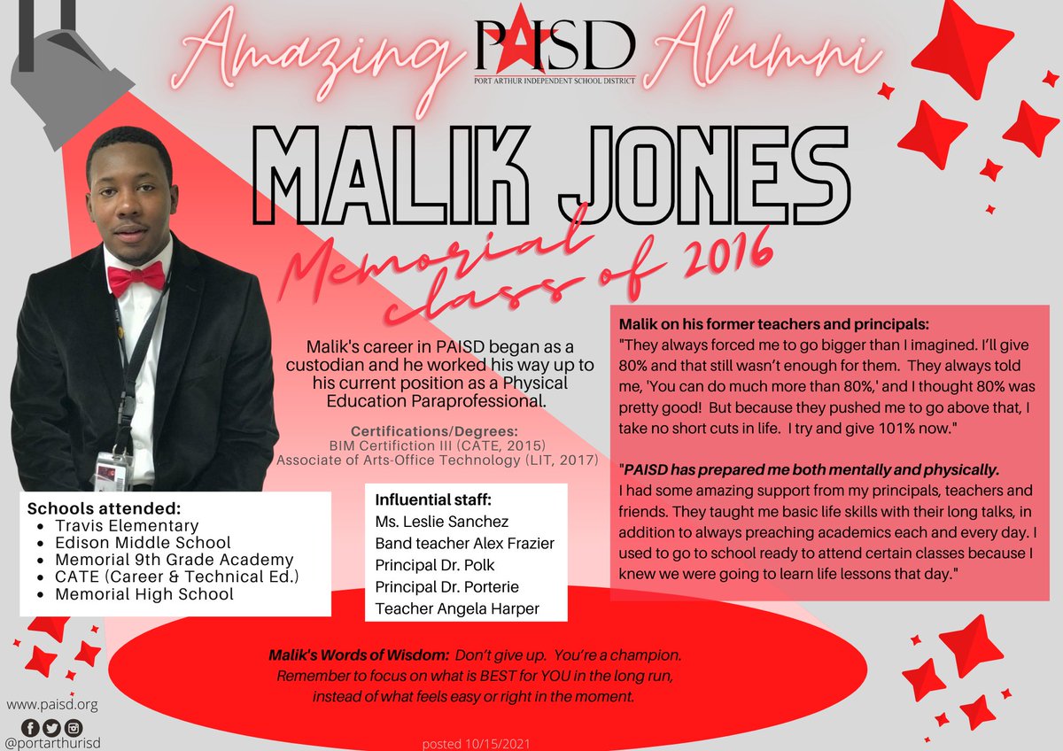portarthurisd's tweet photo. The first in our series of Alumni Acknowledgements is Mr. Malik Jones, a graduate of MHS and now an employee in PAISD.
#PAISDAmazingAlumni
#MHSClassOf2016
#TitanPride
#PortArthurTX https://t.co/UmEWN2Qlsd