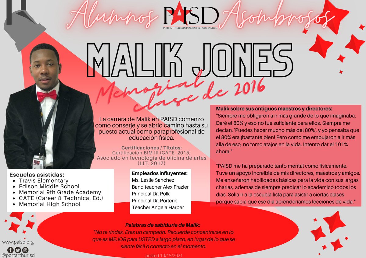 portarthurisd's tweet photo. The first in our series of Alumni Acknowledgements is Mr. Malik Jones, a graduate of MHS and now an employee in PAISD.
#PAISDAmazingAlumni
#MHSClassOf2016
#TitanPride
#PortArthurTX https://t.co/UmEWN2Qlsd