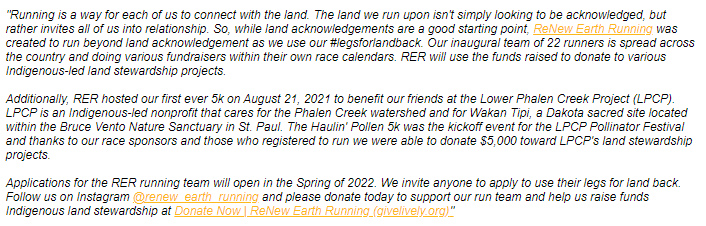 gotrminnesota's tweet photo. Today for #IndigenousPeoplesDay, we'd like to highlight an amazing Indigenous-led organization, ReNew Earth Running. Their inaugural team includes 22 runners across the country using their #legsforlandback. Read more in the photo, connect , and support: https://t.co/UmzkpM9TA8 https://t.co/1VoQixIJGy