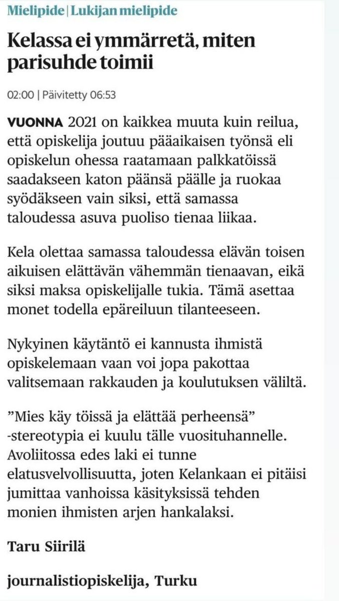 tyttikasper's tweet photo. @iiris_suomela Tässä vielä yksi tärkeä muutos listaan! (toki ei koske lainaa). Mielestäni on aivan naurettavaa, että esim. poika-/tyttöystävä olisi vastuussa toisen elatuksesta. Opintotuen ei tulisi olla kytketty puolison tuloihin. https://t.co/HEh0DXvXXa