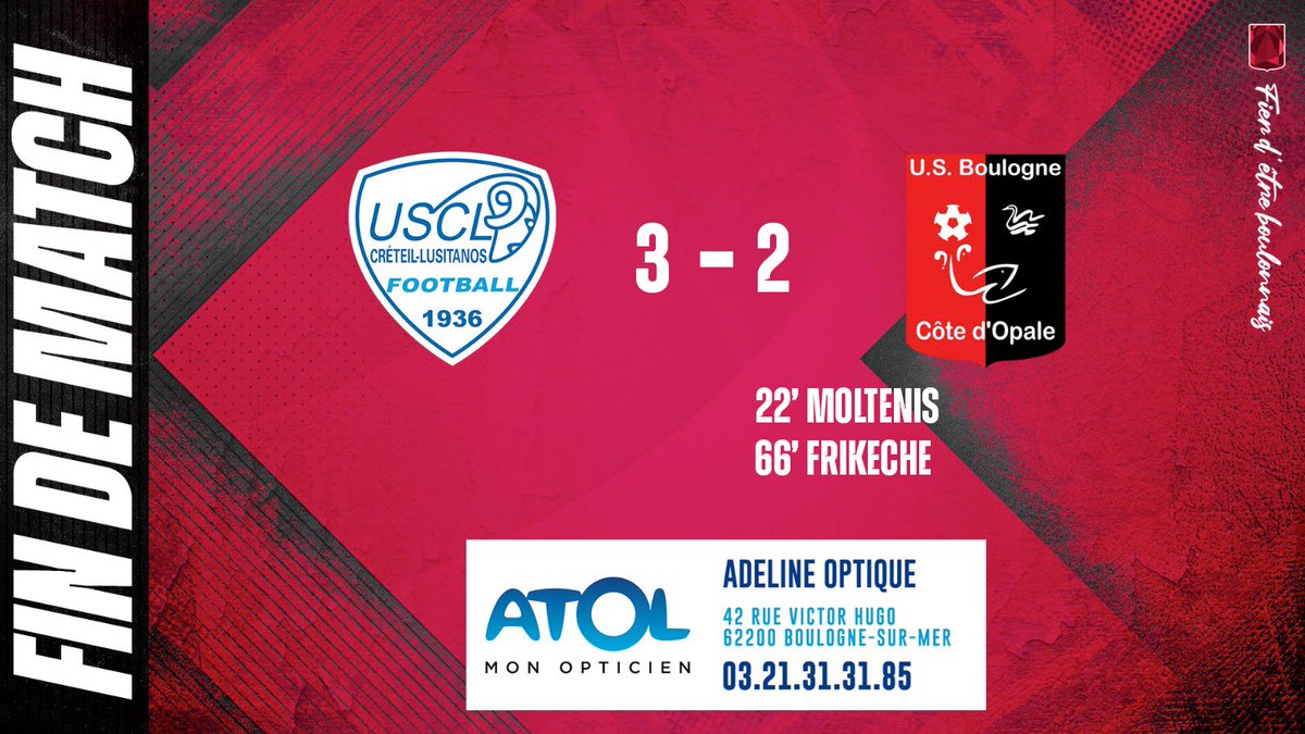 usbco_officiel's tweet photo. FIN DU MATCH: US CRÉTEIL-LUSITANOS 3️⃣-2️⃣ USBCO

Boulogne s’incline à Créteil. Malgré une ouverture du score en début de match et une égalisation de Frikeche en seconde mi-temps, nos boulonnais n’ont pas su conserver le score. #USCLUSBCO https://t.co/YTGQXbvs0B