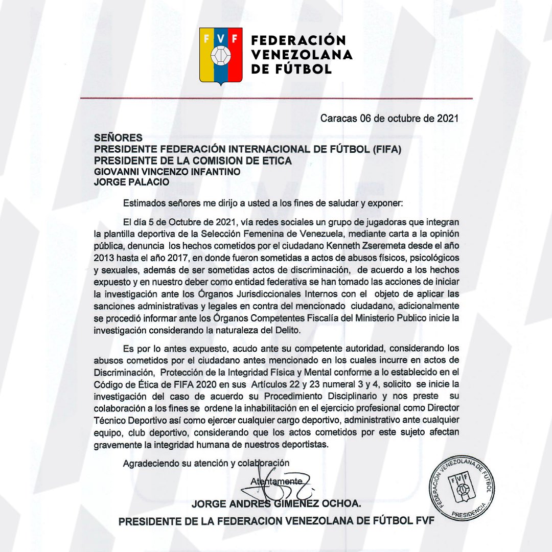 FVF_Oficial's tweet photo. Nuestro compromiso con el bienestar y la seguridad de nuestras deportistas se demuestra con acciones. Por eso, la @FVF_Oficial solicitó a @FIFAcom, @CONMEBOL y @Concacaf que se inicie un proceso de investigación sobre el Sr. Kenneth Zseremeta. https://t.co/Xr9bxZ0IIU