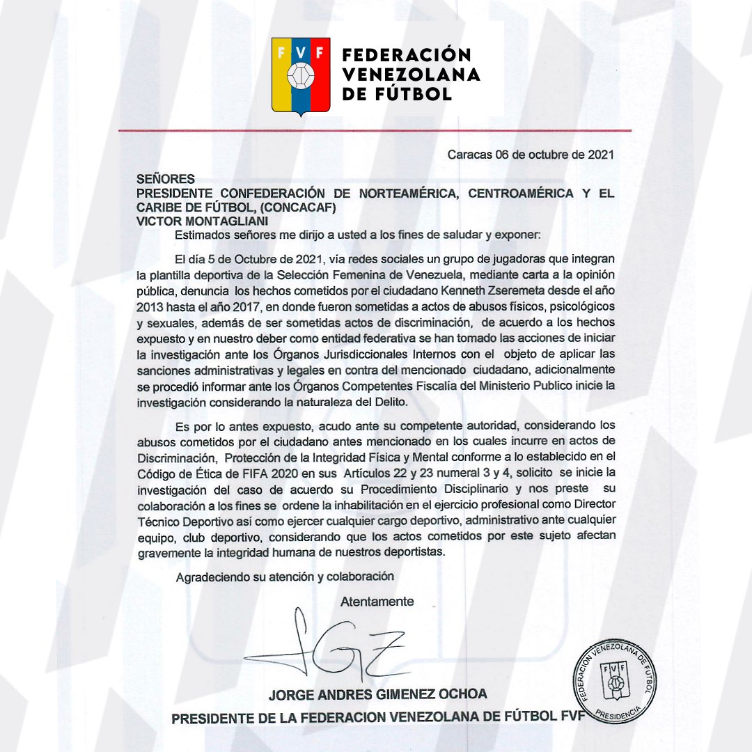 FVF_Oficial's tweet photo. Además, que se inhabilite de su ejercio, en cualquier cargo deportivo, tras la denuncia de acoso y abuso sexual emitida nuestras jugadoras de @FemeninoFVF. https://t.co/wH2JX3yKew
