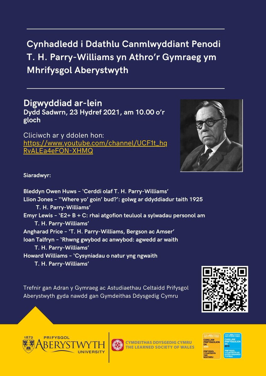 📣Cynhadledd i Ddathlu Canmlwyddiant Penodi T H Parry-Williams yn Athro’r Gymraeg ym Mhrifysgol Aberystwyth📣 #Croeso cynnes i bawb ymuno! 23 Hydref 2021 ar-lein. #CaruAber