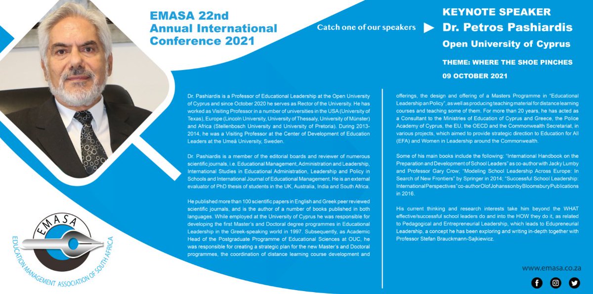 EMASA_1's tweet photo. Let's welcome Prof. Petros Pashiardis our, EMASA Annual Conference key speaker. Registration link: https://t.co/KSG1ALIHzn 
@DBE_SA
@abengtsonmali
@Nana_leopeng
@DiamondLandie
@theNWU
@SciBono https://t.co/4swEQYm5vi