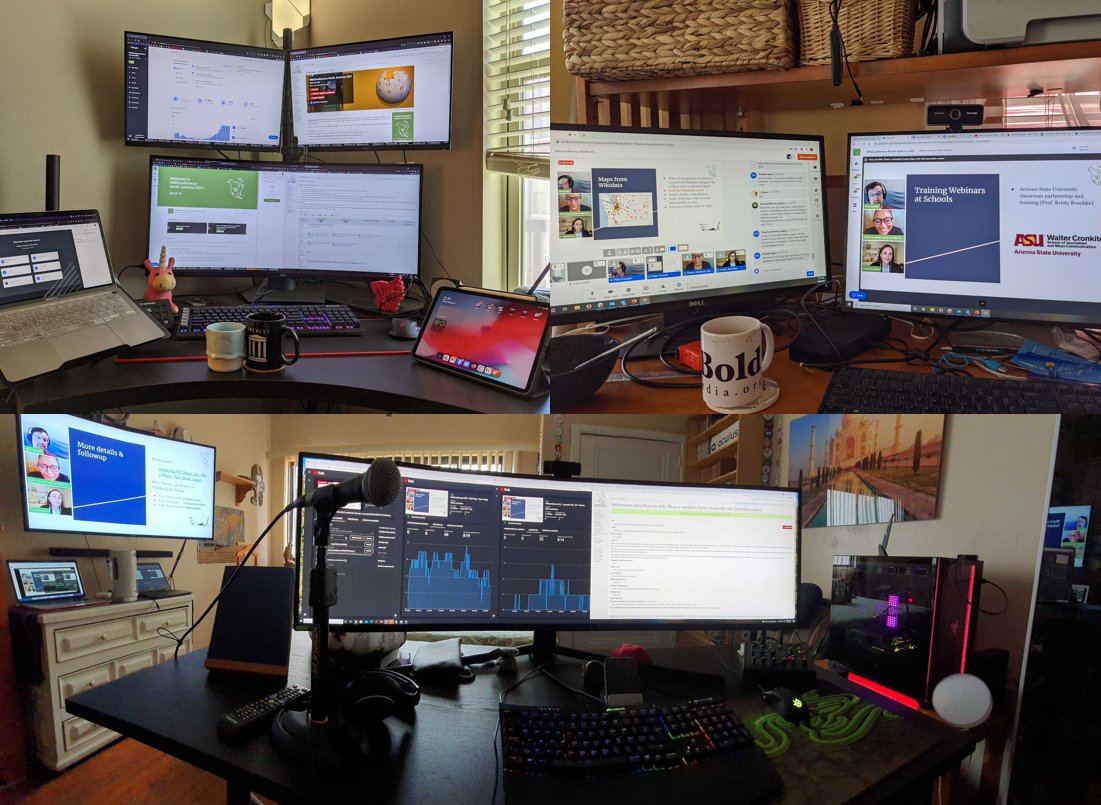 Three images of computer setups with multiple monitors displaying conference organizing tools and schedules.