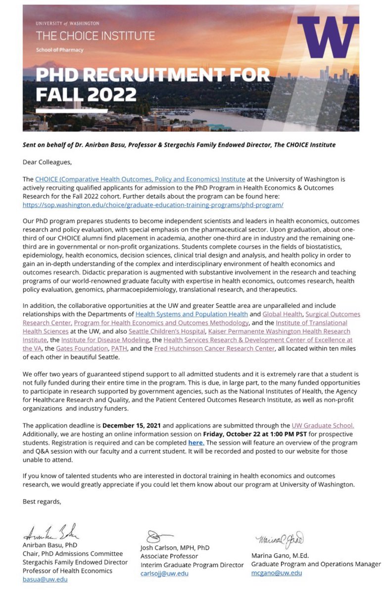 Anirban Basu (@basucally) on Twitter photo #UWCHOICE <a href="/UW_Pharmacy/">UW School of Pharmacy</a> is actively recruiting for admission to the PhD Program in Health Economics & Outcomes Research. lnkd.in/dvU6btZv
App deadline is Dec 15, 2021. #heor
Virtual info session on Friday, Oct 22 at 1:00 PM PDT. Registration: lnkd.in/dRNRdjsy #UWCHOICE <a href="/UW_Pharmacy/">UW School of Pharmacy</a> is actively recruiting for admission to the PhD Program in Health Economics & Outcomes Research. lnkd.in/dvU6btZv
App deadline is Dec 15, 2021. #heor
Virtual info session on Friday, Oct 22 at 1:00 PM PDT. Registration: lnkd.in/dRNRdjsy