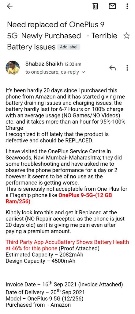 Shabazzshaikh's tweet photo. Newly Purchased OnePlus 9-5G 12/256. Terrible Battery Issues-Need Replacement of Phone.
Kindly look into this.
Mail already sent to One Plus (Attached)

@PeteLau @OnePlus_IN @OnePlus_Support @oneplus https://t.co/qgS232YD3d