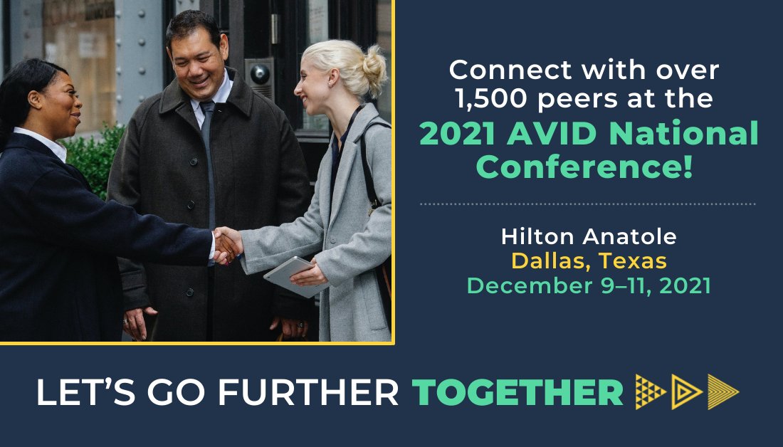 AVID4College's tweet photo. Whether you're new to AVID or an experienced AVID educator, #AVIDNatCon2021 offers virtual and in-person professional learning opportunities for every educator. Join us this December to discover how we can #GoFurtherTogether #EdLeadership #SchoolPrincipals https://t.co/LozE9uCNXs https://t.co/aMqvILQzd8