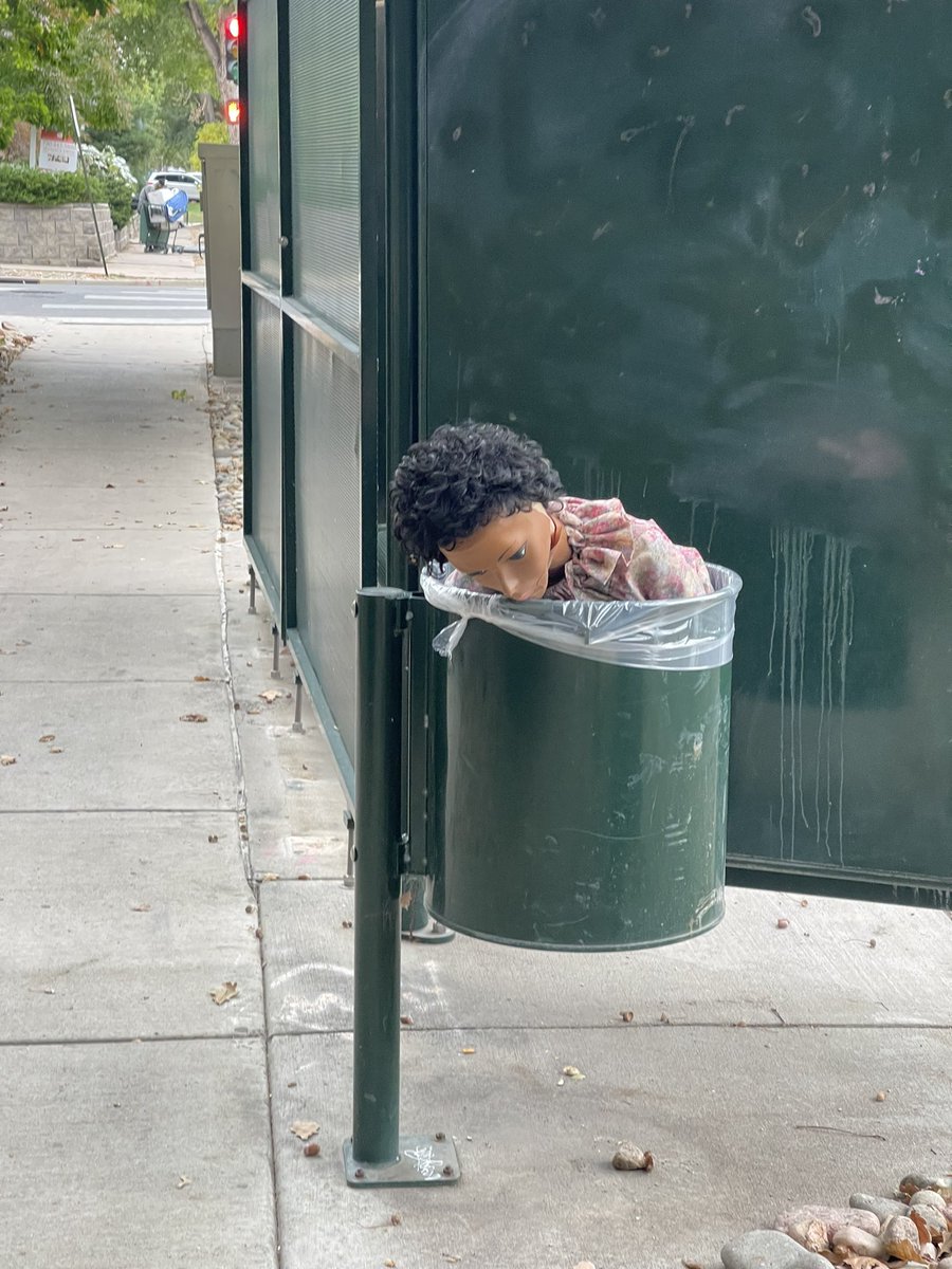 JakesForLuck's tweet photo. So we put the creepy mannequin that mysteriously appeared on my stoop in the garbage can by the bus stop and kids are taking selfies with it and I love my stoop. #Stooplife https://t.co/pJSs075DJV