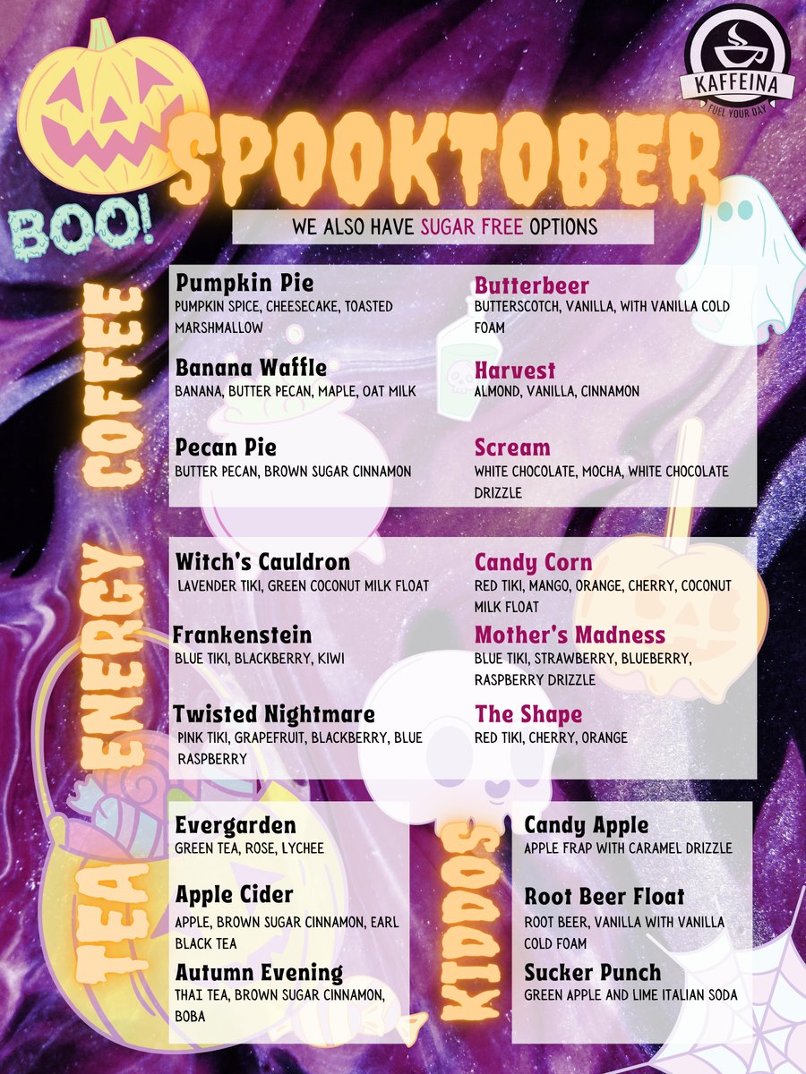 kaffeinanpr's tweet image. OCTOBER FEATURED DRINKS👻🎃
Our Spooktober menu features coffee, tea, and energy drinks.

**Don't forget, we have sugar-free, dairy-free, and keto-friendly options available.**

What are you going to try first?! Let us know in the comments⬇️

#Kaffeina #BeKaffeinated #FuelYourDay